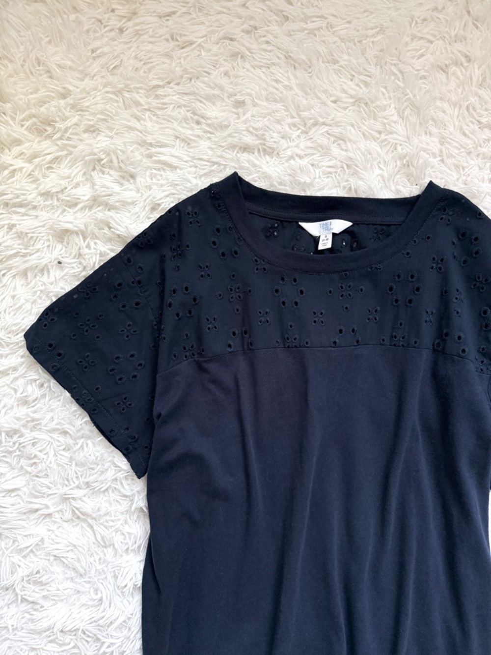 Time and Tru Navy Short Sleeve Eyelet Yoke Tee - Picture 3 of 4